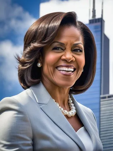 Chicago First Lady, Michelle Obama, smiling, confident, elegant hairstyle, pearl necklace, formal business suit, high heels, holding a microphone, giving a speech, standing in front of the iconic Will