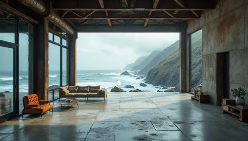 Rugged coastline, crashing ocean waves, salty sea air, weathered steel structures, rusted metal textures, industrial aesthetic, brutalist architecture, exposed ductwork, polished concrete floors, recl