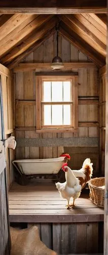 Interior design, chicken coop, rustic wooden walls, vintage metal roofing, soft warm lighting, hay scattered floor, old wooden crates, wicker baskets, few hens roaming freely, feeding troughs, egg-lay