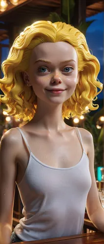 whimsical photorealistic final render of pretty young elle fanning as reallife Lisa Simpson, real Face, real hair, wet tshirt, background tropical hotel bar on beach restaurant, tropical beach at nigh