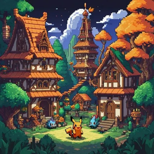 fairy village,witch's house,aurora village,pixel art,bird kingdom,kazooie