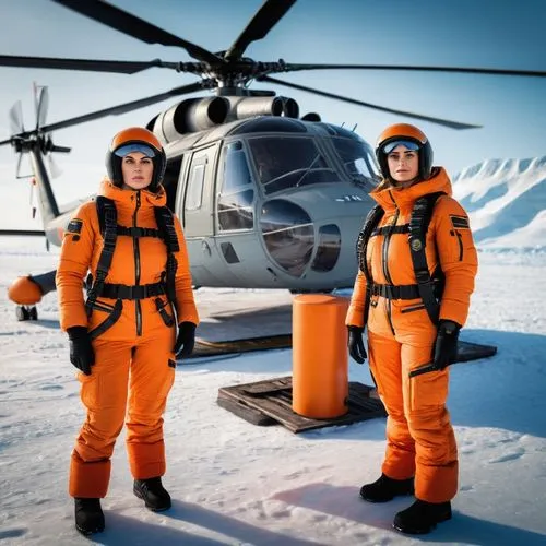 Two gorgeous 31 years old 2024 Russian fashion Models in Arctic pilots dresses with lined winter boots and gloves, standing in front of an orange overall painted Russian Mil Mi-8 Helicopter with black