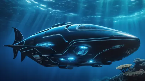 underwater view of super futuristic manta submarine , tron theme,reef manta ray,surgeonfish,manta ray,submersibles,nekton,pallet surgeonfish,deep sea nautilus,submersible,manta,coelacanth,rorqual,sapi