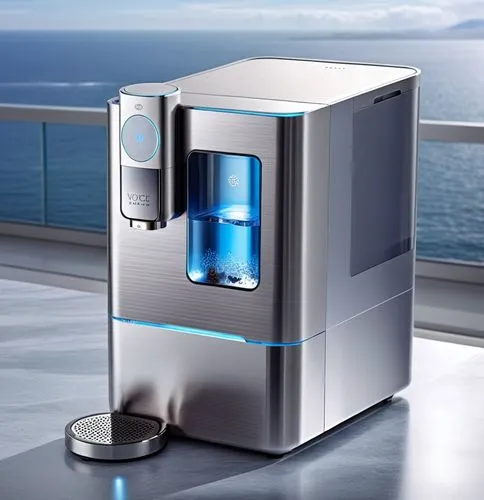 一款饮水机，高端的银灰色质感,the cooler sits on a table next to the ocean,water dispenser,microbrewer,sodastream,watercooler,calorimeters,stereolithography,Photography,General,Realistic