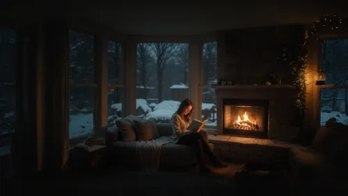 a girl reading a book and sitting in cozy dark living room with fireplace and large windows overlooking falling snow on village at night from,winter window,warm and cozy,warmth,winter light,winter dre