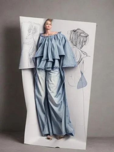 Эскиз кутюрье. Модный показ. Модель девушка. В деним ,fashion design,fashion illustration,silvery blue,paper art,display dummy,art model,silver blue,drape,mazarine blue,bed sheet,folded paper,denim fa