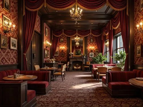 Luxurious coffee shop interior, rich velvet fabrics, ornate golden frames, intricate brocade patterns, heavy drapery, lavish silk upholstery, antique wooden furniture, ornamental metalwork, crystal ch