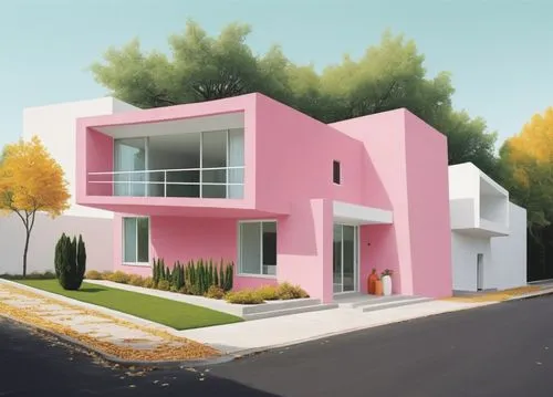 DISEÑO EXTERIOR DE UNA CASA ESTILO MINIMALISTA UBICADA EN UNA ESQUINA, USANDO EL COLOR ROSA MEXICANO COMO COLOR DE CONTRASTE CON LOS MUROS BLANCOS, UBICADA EN UN FRACCIONAMIENTO RESIDENCIAL, CALLES DE