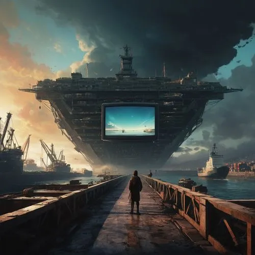 aircraft carrier,very large floating structure,sci fiction illustration,world digital painting,arrival,oil platform,ship wreck,supercarrier,ship travel,factory ship,ship traffic jams,exploration of the sea,futuristic landscape,docks,ship traffic jam,sea fantasy,fantasy picture,seafarer,photomanipulation,the horizon,Conceptual Art,Fantasy,Fantasy 11