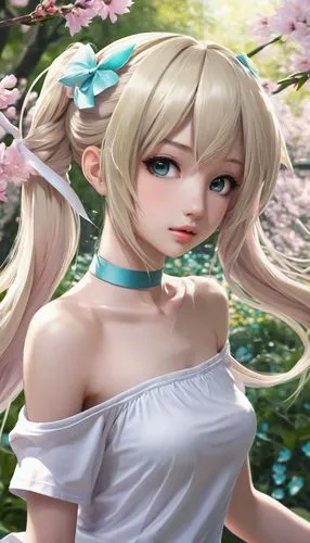 Hatsune Miku, expressive realistic eyes, realistic pale pink beautiful lips, bare shoulders, white ribbon around the neck, white miniskirt, bare stomach, beautiful thin legs, realistic blonde shiny ha