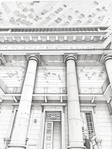 classical architecture,entablature,neoclassical,columns,doric columns,peabody institute,athenaeum,treasury,marble palace,stock exchange,national archives,facade painting,pillars,ancient roman architecture,old stock exchange,three pillars,supreme administrative court,saint george's hall,colonnade,architectural detail,Design Sketch,Design Sketch,Hand-drawn Line Art