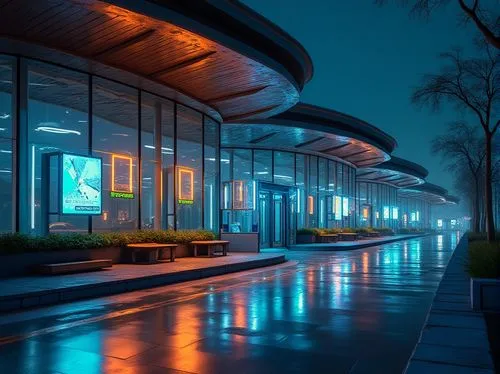 Futuristic bus station, modern architecture, sleek lines, glass façade, steel framework, neon lights, vibrant colors, circular roof, greenery walls, wooden benches, digital signage, interactive kiosks