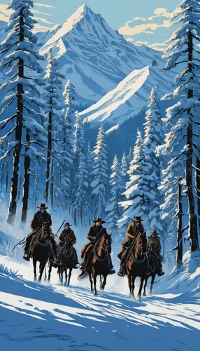 sleigh ride,nomads,skijoring,mushing,western riding,cossacks,guards of the canyon,mountaineers,pilgrims,the spirit of the mountains,cavalry,game illustration,old wagon train,snowy mountains,utonagan,western,siberia,northrend,dog sled,patrols,Illustration,Black and White,Black and White 15