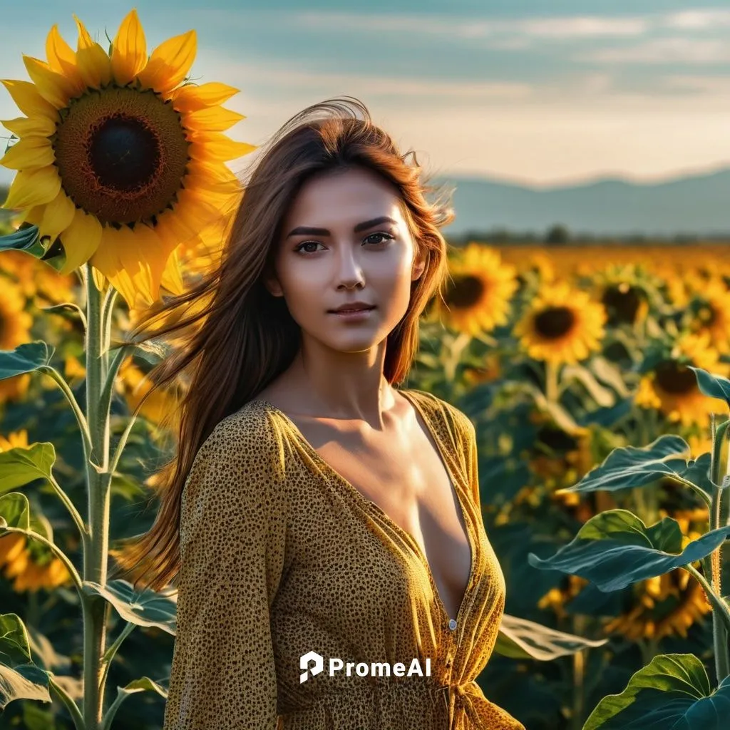 một cô gái nóng bỏng trên cánh đồng hoa hướng dương vào lúc bình minh , gió thổi nhẹ nhàng,sunflower field,sunflowers,sunflower,sun flowers,sunflower lace background,sun flower,golden flowers,flower i