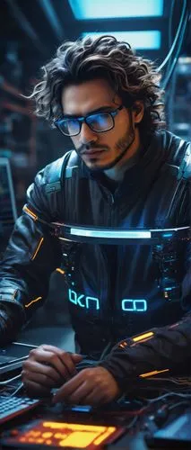 cyber glasses,man with a computer,cyberpunk,cg artwork,cyber,dj,technician,engineer,futuristic,cybernetics,electronics,electro,cable innovator,cyberspace,cyborg,computer,computer art,neon human resources,sci fiction illustration,scifi,Conceptual Art,Sci-Fi,Sci-Fi 08