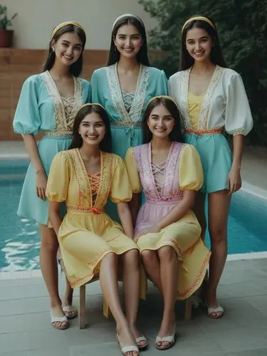 Five girls (smiling) in nostalgic bikinis by the pool.,several women pose for the camera near a pool,caftans,yemenite,vintage girls,muharem,tahiliani,kaftans,Photography,Documentary Photography,Docume