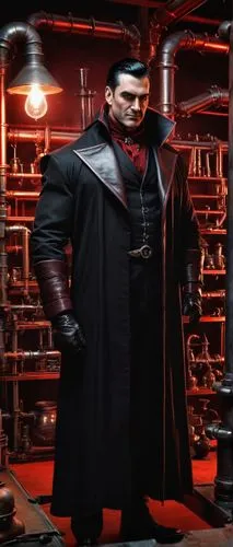 Villainous creator, middle-aged man, muscular build, evil grin, sharp jawline, slicked back black hair, thick eyebrows, piercing brown eyes, black leather gloves, black cloak with red lining, intricat