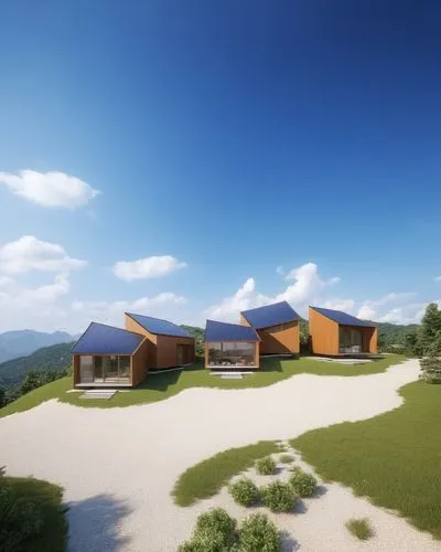 The volumes are five villas r,render,3d rendering,sketchup,ecovillages,snohetta,house in the mountains,renderings,new echota,cabins,house in mountains,mountain huts,ecovillage,renders,teshima,lodges,3