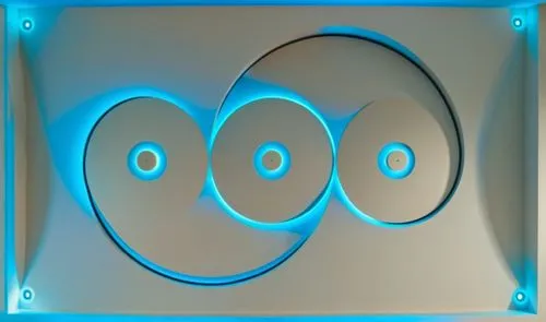 Convert this layout into a real gypsum decor for a room with hidden lighting.,three discs sit in a blue holder,om,orbifold,diaphragms,digital bi-amp powered loudspeaker,circle shape frame,portal,Photo