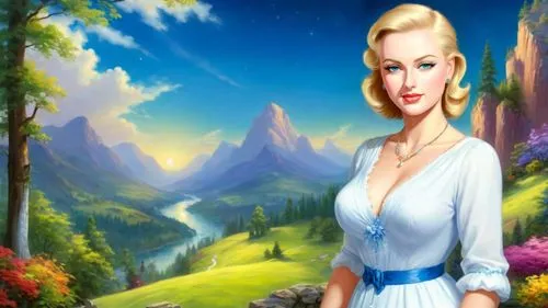 Romantic masterpiece oil painting, beautiful curvy busty woman portrait,  nostalgic 1950's style kitsch, standing in front of a breathtaking beautiful epic vast landscape, majestic vibrant lush wilder