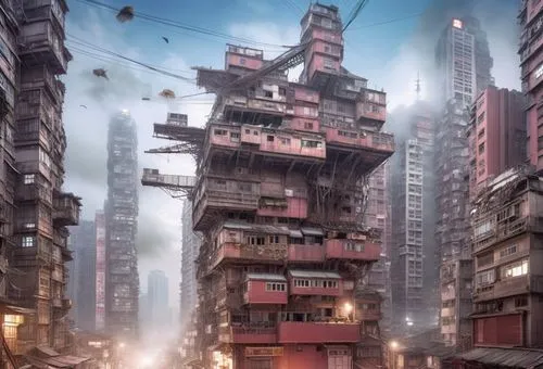 Concept art, an alien black Giant monster walking between buildings, Kowloon walled city, Hong Kong cyberpunk, slum, foggy night, blade runner,an industrial area with lots of red buildings and other a