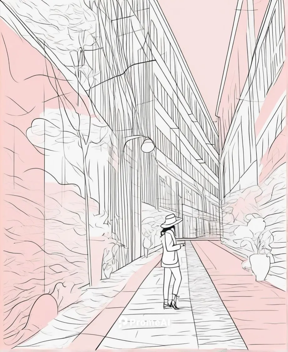 Simple elegent line work, minimilistic, black and white with a pastel coloured stripe here and there, keep the hat,a person walks through an empty street with tall buildings,alleyway,animatic,wipp,sid