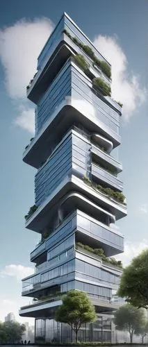 Modern edifice, 3D architectural design, Building Information Modeling (BIM), futuristic skyscraper, sleek glass façade, silver metallic frames, intricate structural details, cantilevered floors, roof