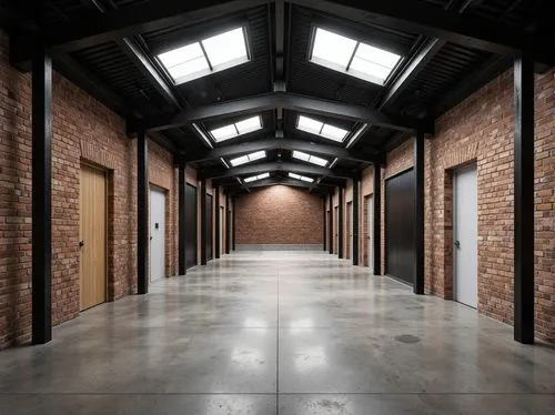 Industrial-style warehouse, exposed brick walls, metal beams, reclaimed wood accents, polished concrete floors, corrugated metal cladding, functional minimalism, neutral color palette, industrial chic