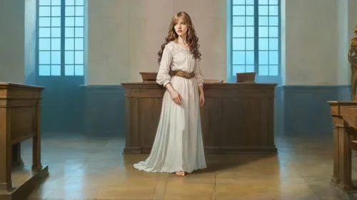 classicism painting: ((female defendant, long dress, barefoot. bare feet, bare toes)), inside 17th century courtroom,ecclesiastic,liturgical,margaery,angelus,church painting,estess,interconfessional,a