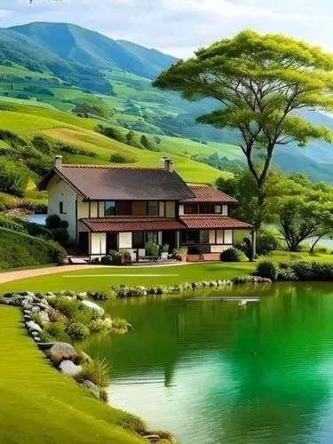 house with lake,green landscape,beautiful home,home landscape,house in mountains,house by the water