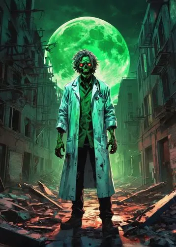 Radioactive zombie, undead creature, green glowing skin, torn and tattered lab coat, ripped jeans, broken glasses, messy hair, bloody wounds, eerie glow eyes, sharp teeth, outstretched arms, stumbling