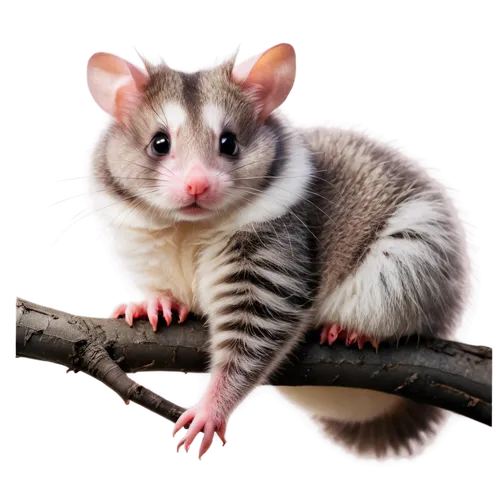 Possum, cute face, large round eyes, pink nose, fluffy fur, gray and white stripes, curled up tail, sitting on branch, morning sunlight, soft focus, shallow depth of field, natural color tone, cinemat