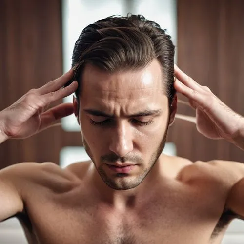 لقطات للشخص وهو يدلك فروة رأسه بيديه.,a man in a bedroom holds his head to his ears,sound massage,minoxidil,self hypnosis,head massage,schnetzer,tinnitus,Photography,General,Realistic