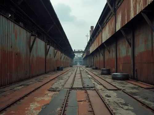 Industrial warehouse, corrugated iron sheets, rusty metal texture, distressed finishes, worn edges, weathered surfaces, brutalist architecture, functional design, utilitarian aesthetic, urban decay, a