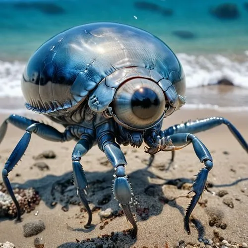 In 4K photorealistic lifelike imagery, A non-terrestrial crustacean creature with a sapphire blue double segmented body, four gray jointed legs, Zygodactyl feet, is cycloptic with a single distended c