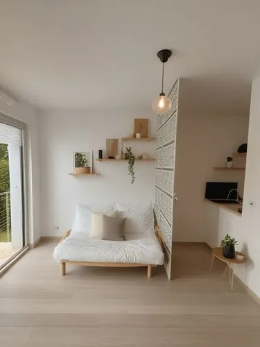 peux tu améliorer la luminosité de l'image, rendre les murs plus blancs ?,a living room with some lights over the sofa,modern room,bedroom,home interior,anastassiades,scandinavian style,appartement,Ph