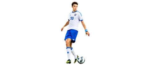 Futbol player, male, athletic build, short hair, serious facial expression, white jersey, blue shorts, shin guards, soccer ball at feet, dynamic pose, kicking action, stadium background, bright sunlig