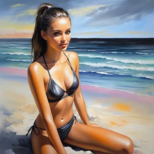 add bright colors, shining; charcoal style; add bikini top,donsky,oil painting,world digital painting,photo painting,airbrush,beach background,art painting,digital painting,oil painting on canvas,beac