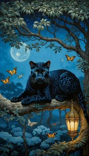 night scene,kittelsen,moonlit night,ratri,fantasy picture,rousseau,fantasy art,tapestry,halloween cat,halloween illustration,samhain,fantasy animal,blue moon,halloween wallpaper,moonan,familiars,grizabella,nacht,halloween background,felids,Illustration,Realistic Fantasy,Realistic Fantasy 08