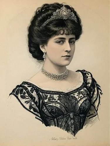 Black and white steel engraving, 1900: MARY (née von Teck), then Princess of Wales,an old engraving picture shows a woman wearing a necklace,vintage female portrait,yakimova,edwardian,miss circassian,