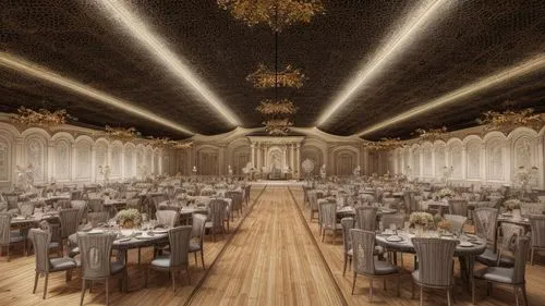 event hall with classical style walls and black ceiling with fairy lights,ballroom,ornate room,dining room,exclusive banquet,venetian hotel,breakfast room,3d rendering,fine dining restaurant,royal int