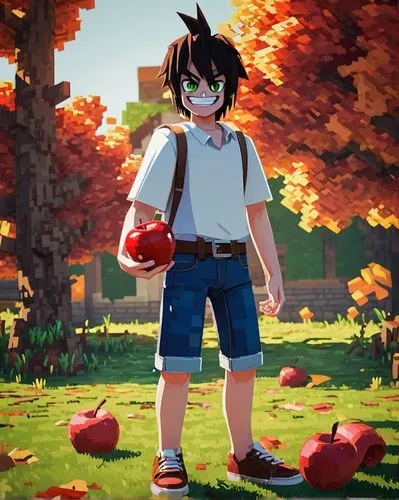 Ryuk, Shota, holding, big red apple, solo, (10yo), sweet smile, bright eyes, messy brown hair, casual white shirt, blue denim shorts, sneakers, standing, countryside, green grass, autumn trees, warm s