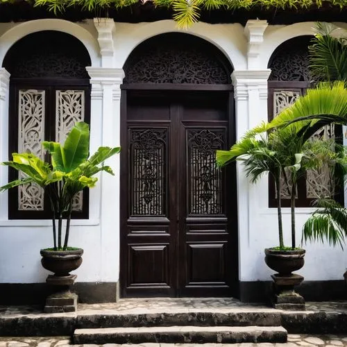 "Philippine architectural style, Spanish colonial influence, ornate stone carvings, wooden sliding windows, clay tile roofs, intricately designed wooden doors, tropical plants surrounding, vibrant col