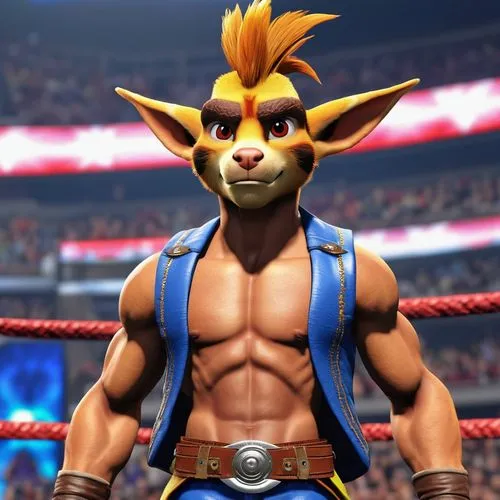 Daxter (Jak and Daxter) as a WWE Wrestler,wrestler,mascot,tangelo,the mascot,wrestling,botargo,edge muscle,nikuman,cangaroo,folk wrestling,male character,furta,jackal,fennec,jack rabbit,game character