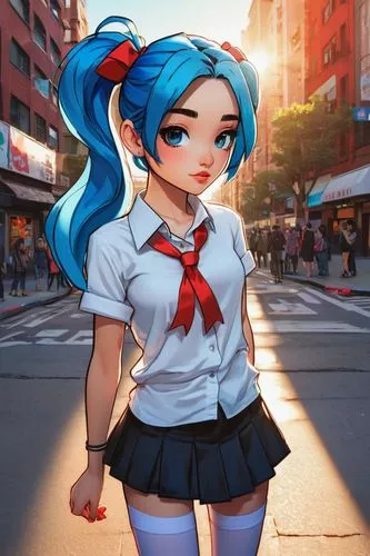 anime girl,hatsune miku,anime cartoon,2d,anime japanese clothing,harajuku,hk,fashionable girl,anime 3d,vector girl,retro girl,cyan,malasada,honolulu,cg artwork,cute cartoon character,dusk background,shibuya,kosmea,schoolgirl,Conceptual Art,Graffiti Art,Graffiti Art 01