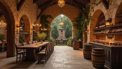 Rustic winery interior design, granite material, natural stone texture, earthy tone, wine barrels, wooden crates, dim warm lighting, atmospheric ambiance, vintage wine-making equipment, old-world char