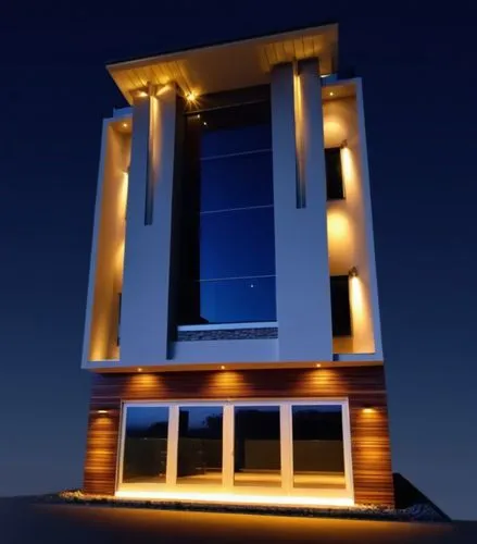 Show a 3-story building with a modern architectural style.  Show off the interior furniture inside with attractive lighting on glasses wall.  Show off exterior building with attractive lightning. Make