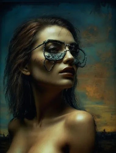 sexy woman. naked chest,blindfold,christakis,blindfolds,photomanipulation,veruovic,photo manipulation,silver framed glasses,photo painting,oil painting on canvas,oil painting,blindfolded,image manipul