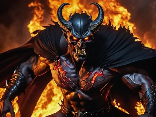 Dark fantasy demon, red skin, sharp horns, glowing yellow eyes, intricate black tattoos, muscular build, ripped wings, torn black cape, menacing claws, hellish flames, dark misty atmosphere, eerie amb