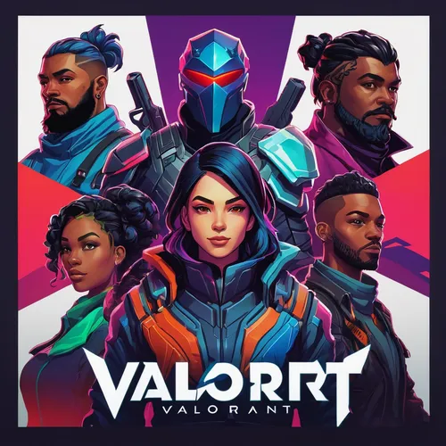 Imagine a vibrant and eye-catching logo for Valorant that represents the game's diverse cast of characters.,vector ball,vector people,vector,val14,vetor,vector images,spotify icon,steam release,vivora